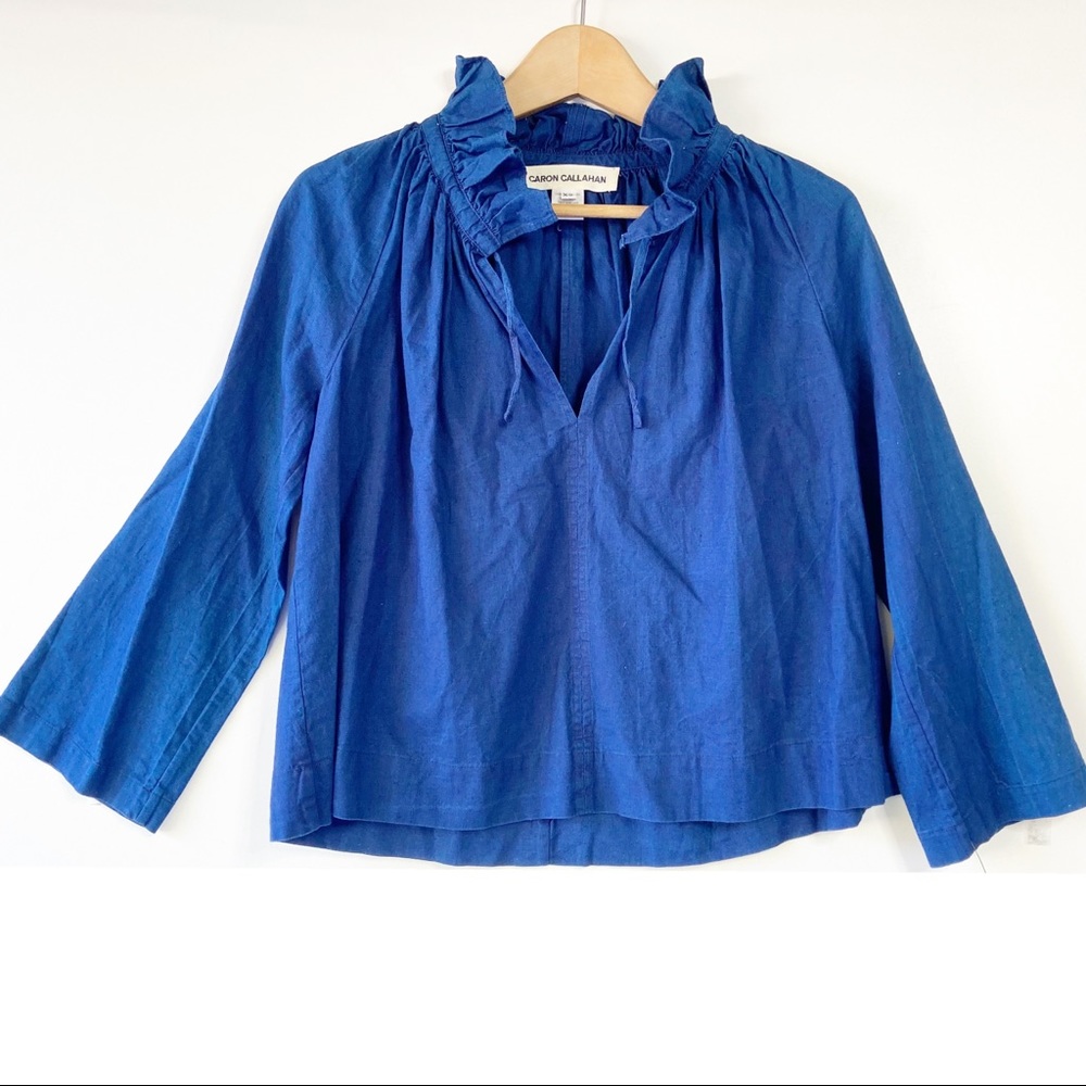 Caron Callahan blue indigo ruffle collard linen cotton Elizabeth top